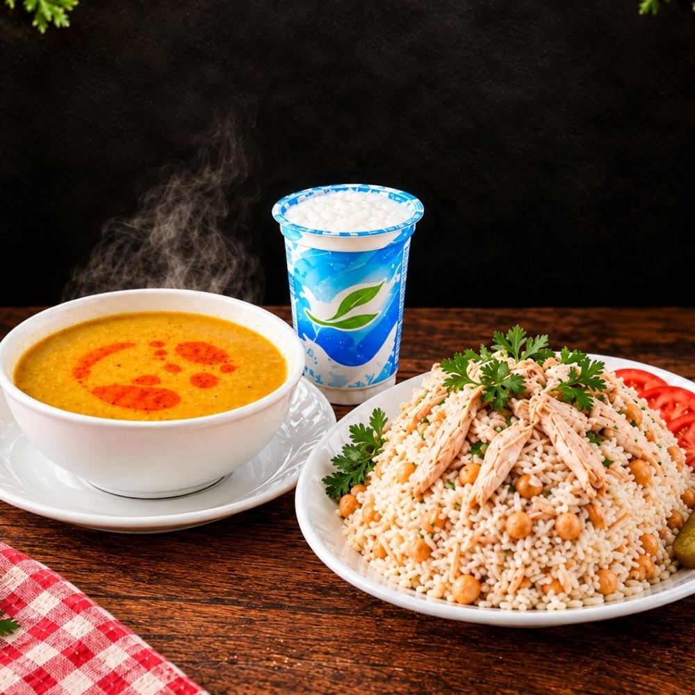 Tavuklu pilav + çorba + ayran