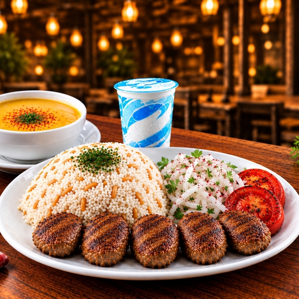 Izgara köfte (125gr) + pilav + çorba + ayran
